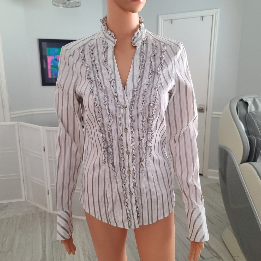 Cache ruffled white button down silver striped shirt size M